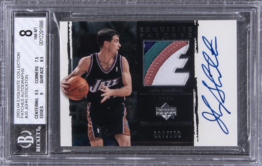 2003-04 UD "Exquisite Collection" Patches Autographs #JS John Stockton Signed Game Used Patch Card (#027/100) – BGS NM-MT 8/BGS 10
